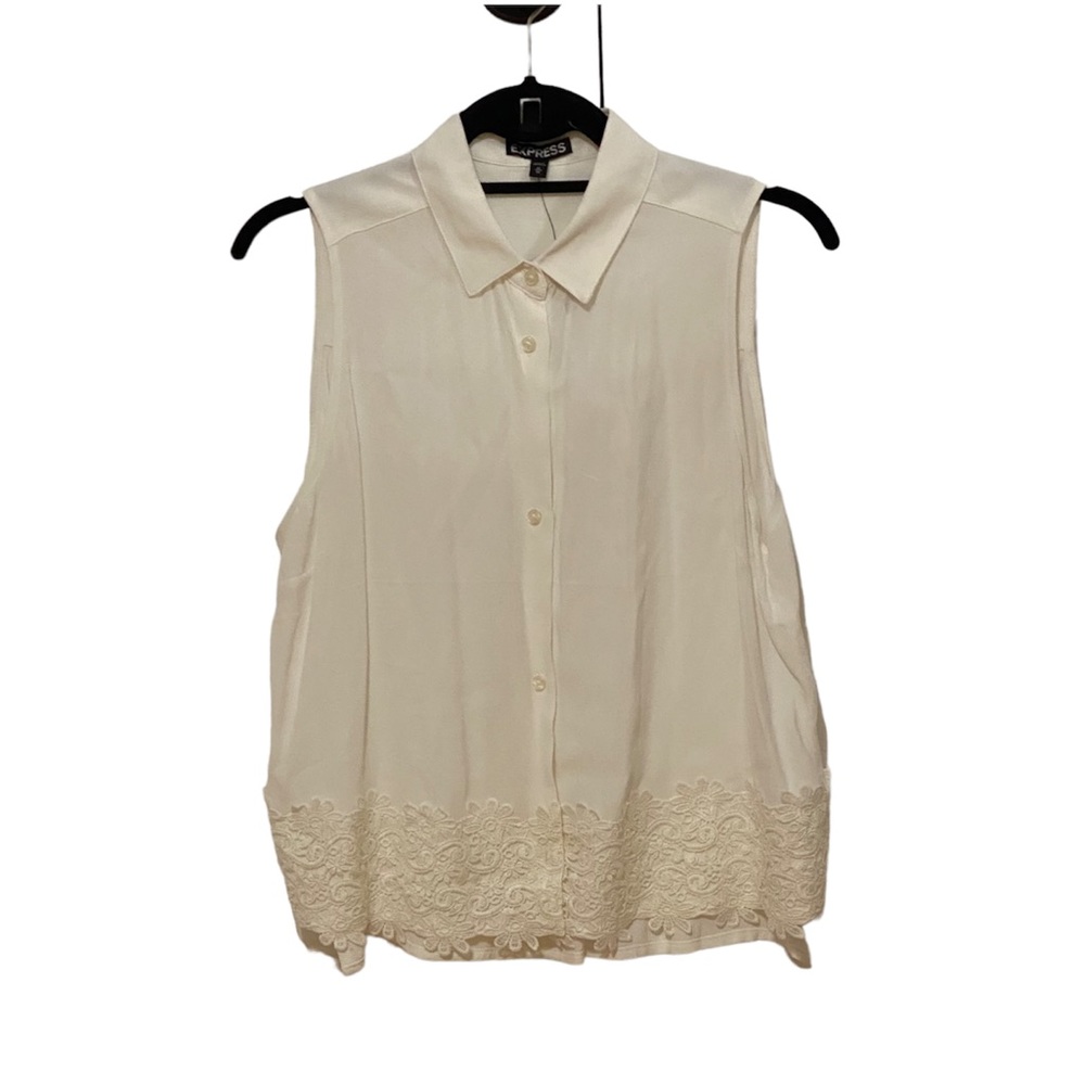 Express White Sleeveless Button Down  Lace Detail Shirt Medium